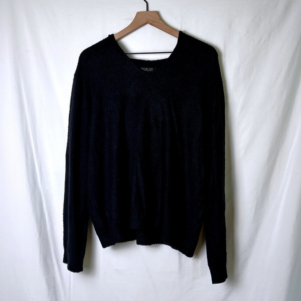 Rachel Zoe Womens Fuzzy Knit V-Neck Hooded Pullover Sweater Size L Black Cozy